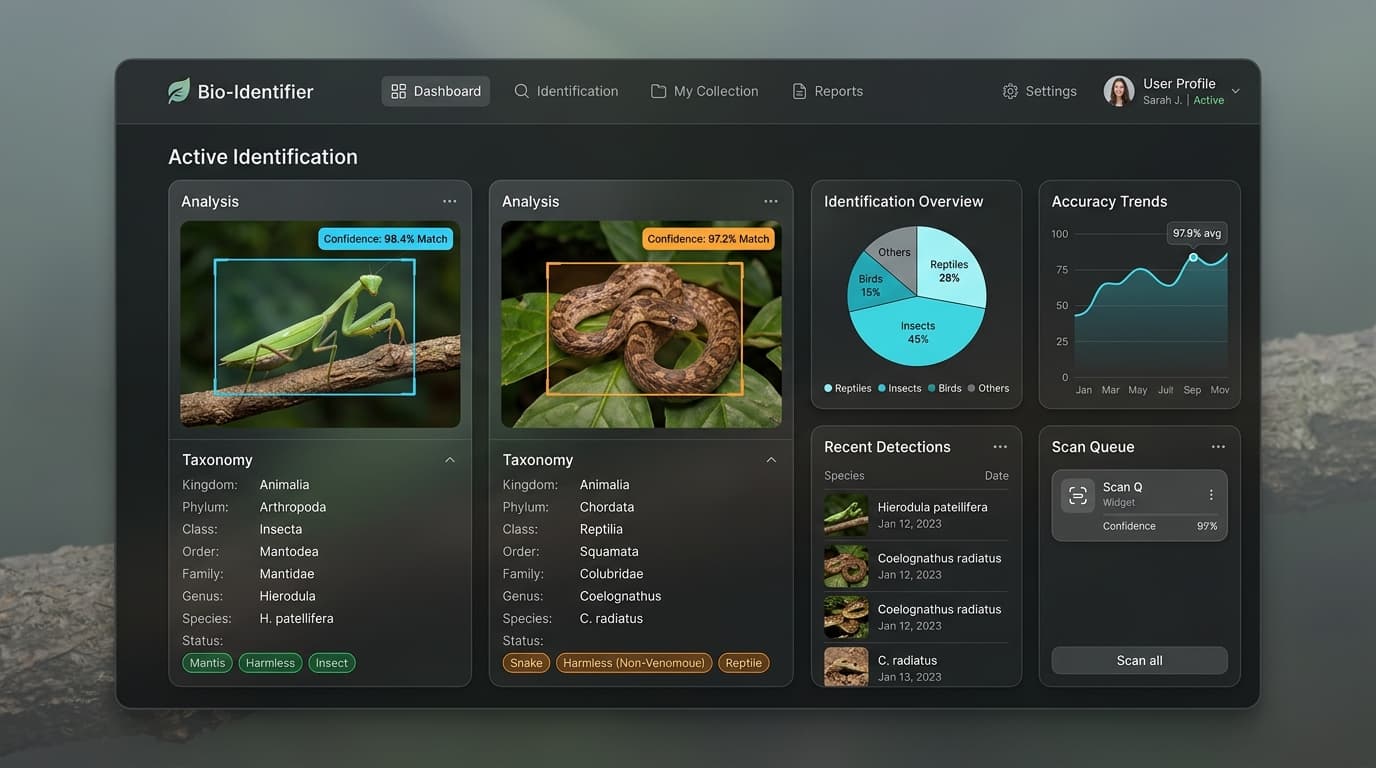 Bio-Identifier AI snake and insect classification platform mockup