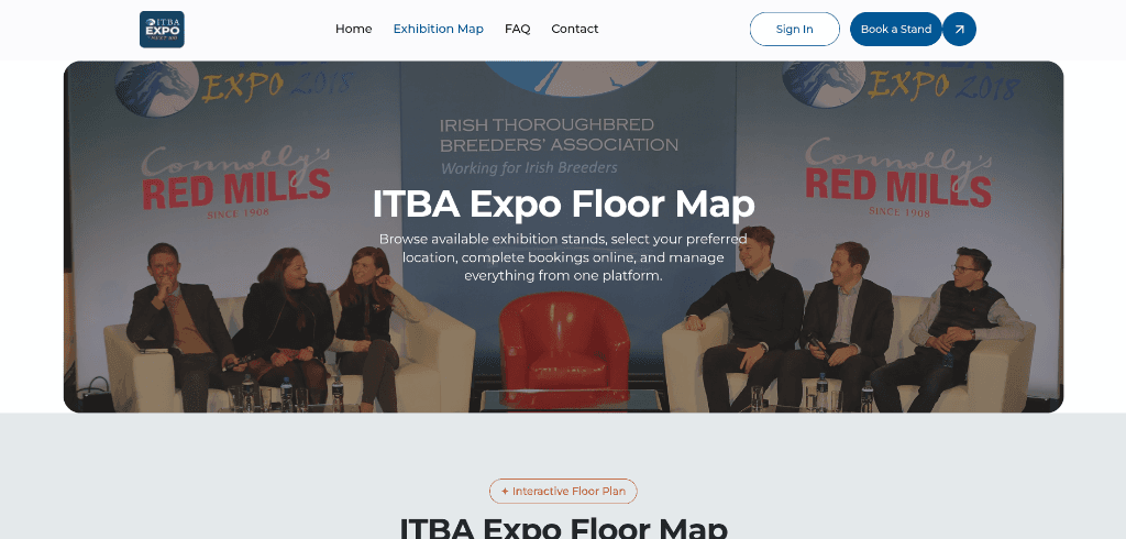 ITBA Expo 2027 exhibition stand booking and management platform hero and floor map