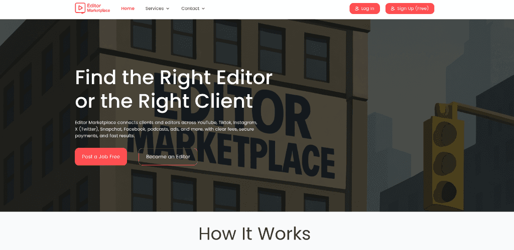 Waffless video editor marketplace platform hero and job board
